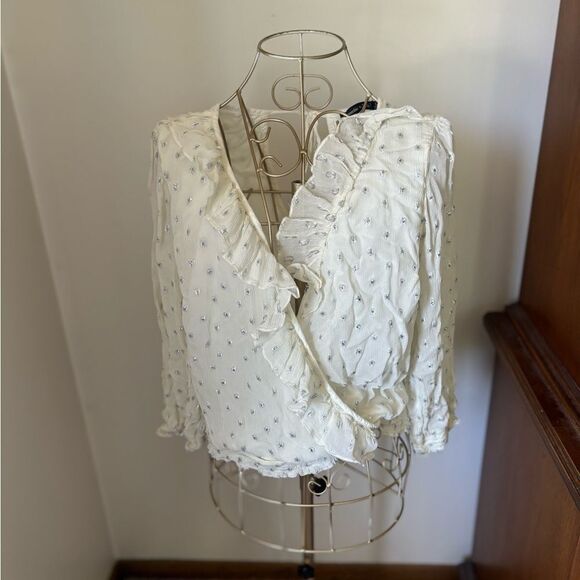 Abercrombie long sleeve metallic print  wrap top with ruffle detail S - Picture 3 of 14